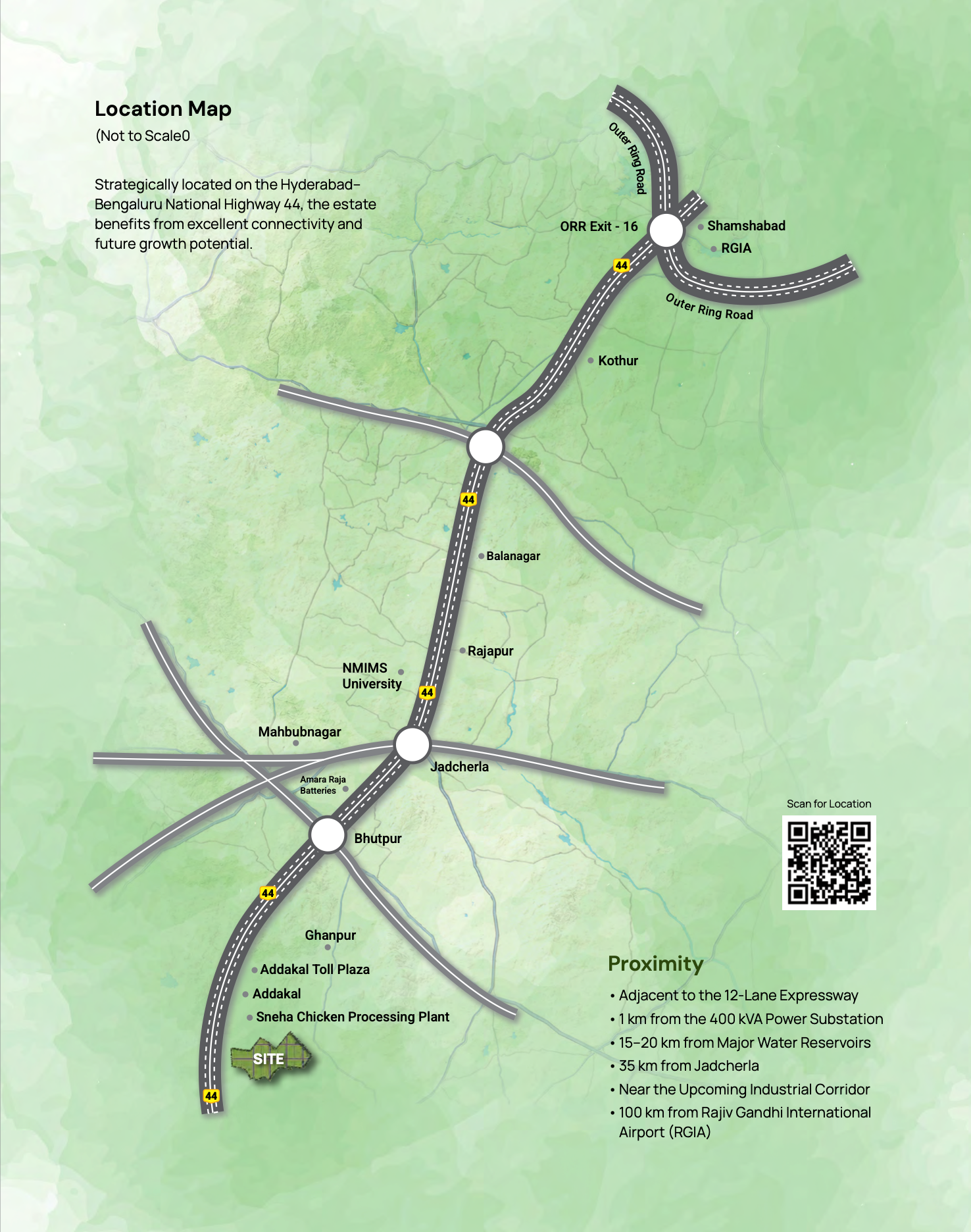 Green Gold Esthana location map — Hyderabad–Bengaluru National Highway 44, near Jadcherla and Bhutpur