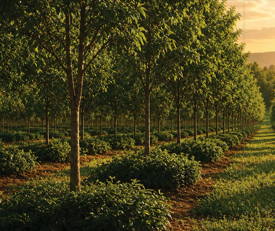 Green Gold Esthana — rows of White Sandalwood plantation at golden hour