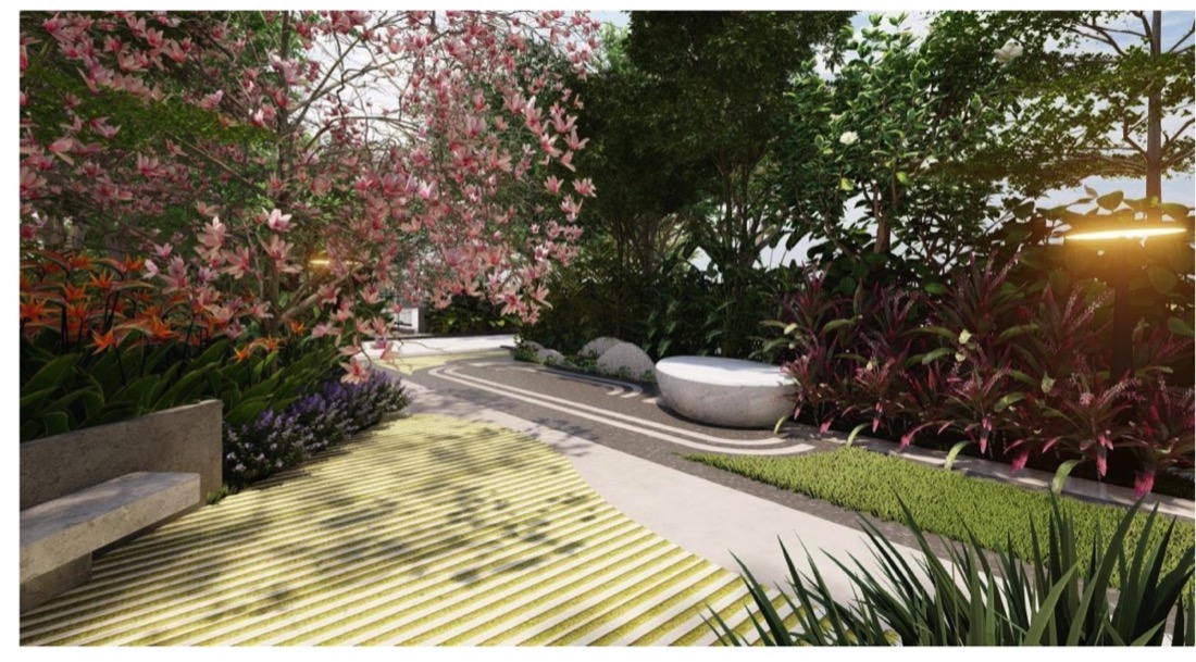 Vann Esthana landscaped green stretch walkway