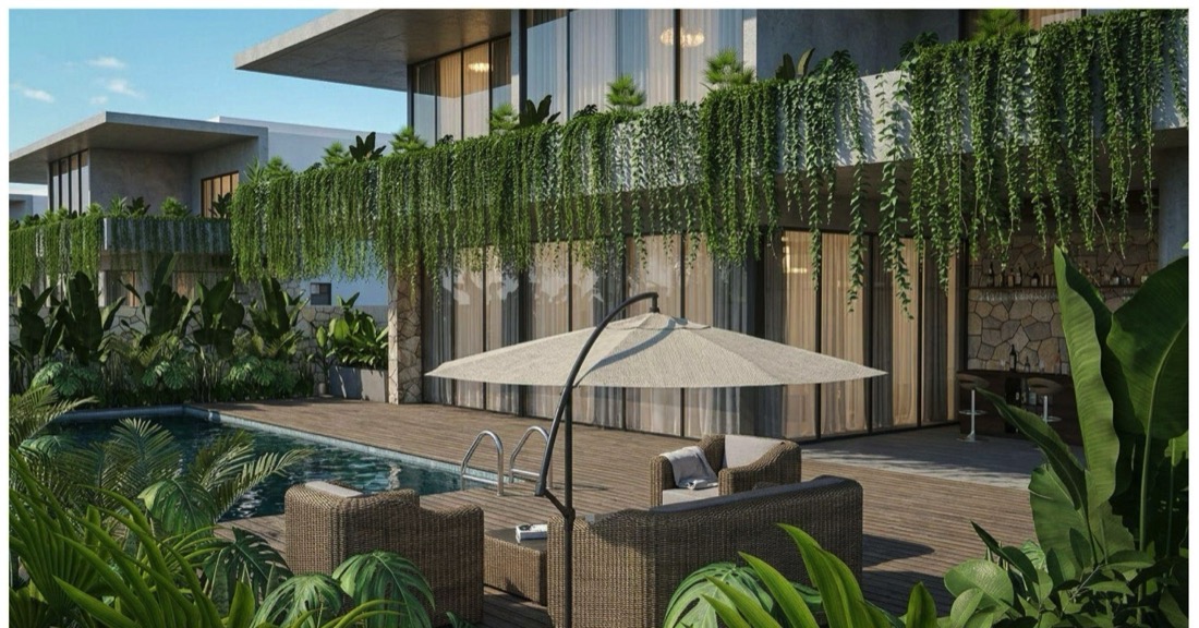 Vann Esthana model villa — poolside lounge deck