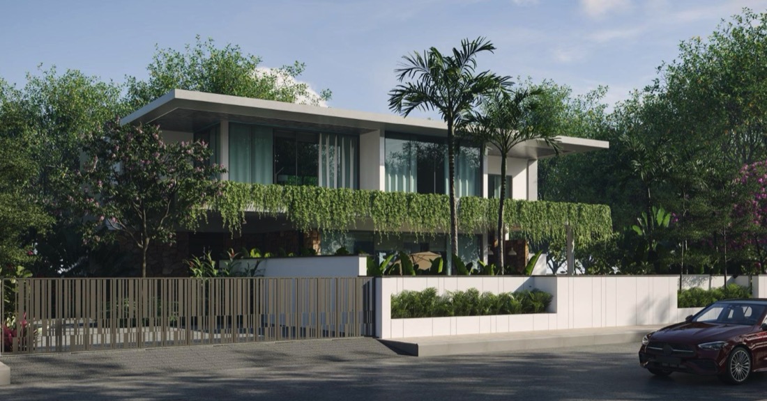 Vann Esthana model villa — street-facing facade with gated driveway